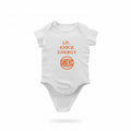 CityCrafters white cotton baby bodysuit with "LIL KNICK ENERGY" slogan and Knicks logo in orange.