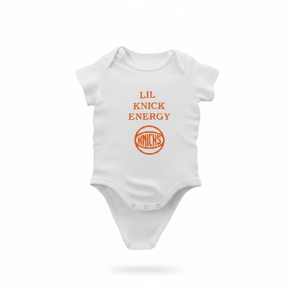 CityCrafters white cotton baby bodysuit with "LIL KNICK ENERGY" slogan and Knicks logo in orange.